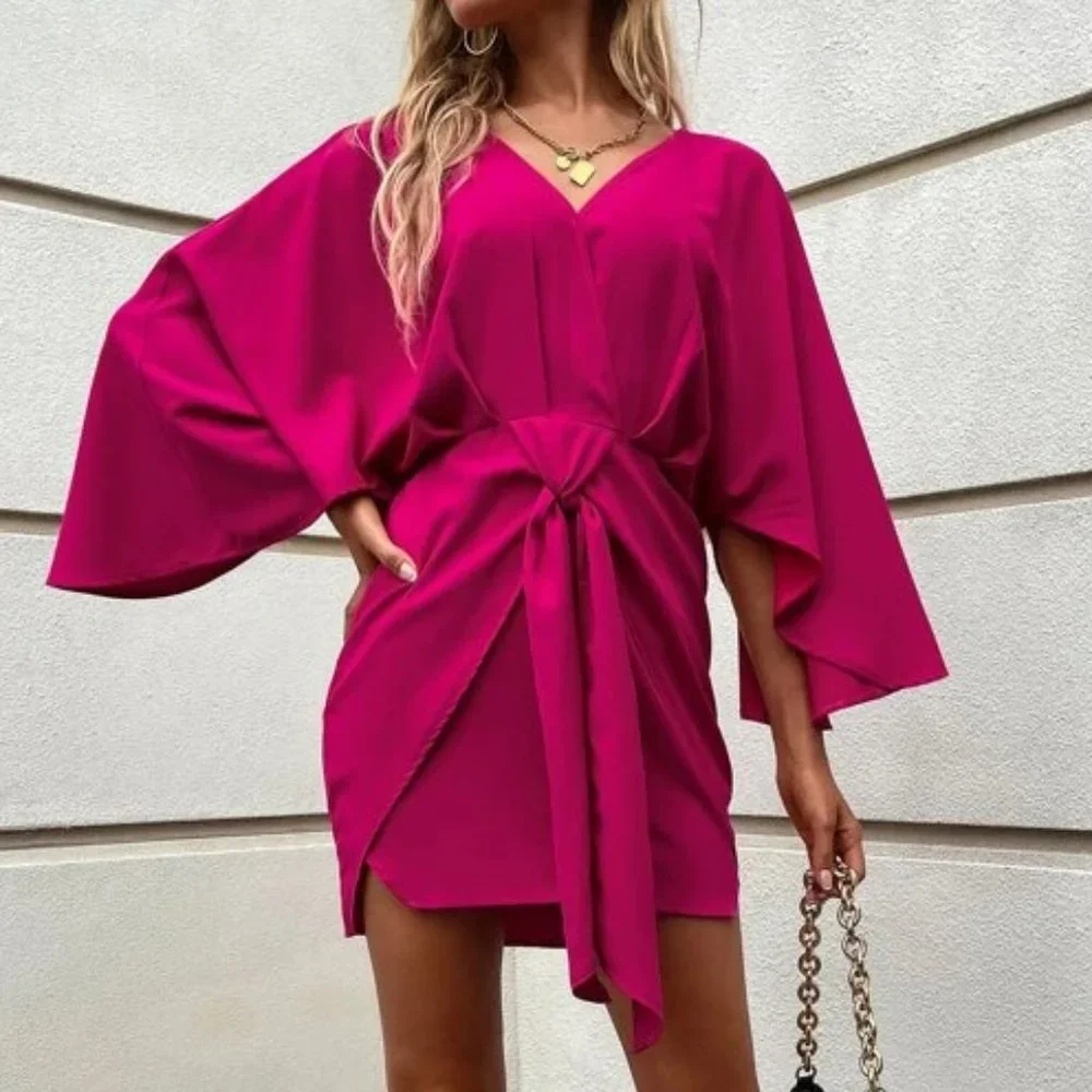 Barbie Hot Pink Knot Front Flounce Sleeve Mini Dress_2